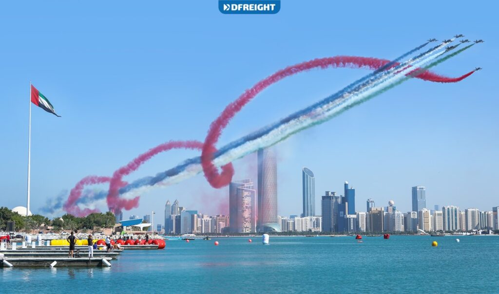 Jet aircraft performance in the UAE National Day celebration in Abu Dhabi corniche beach in the United Arab Emirates